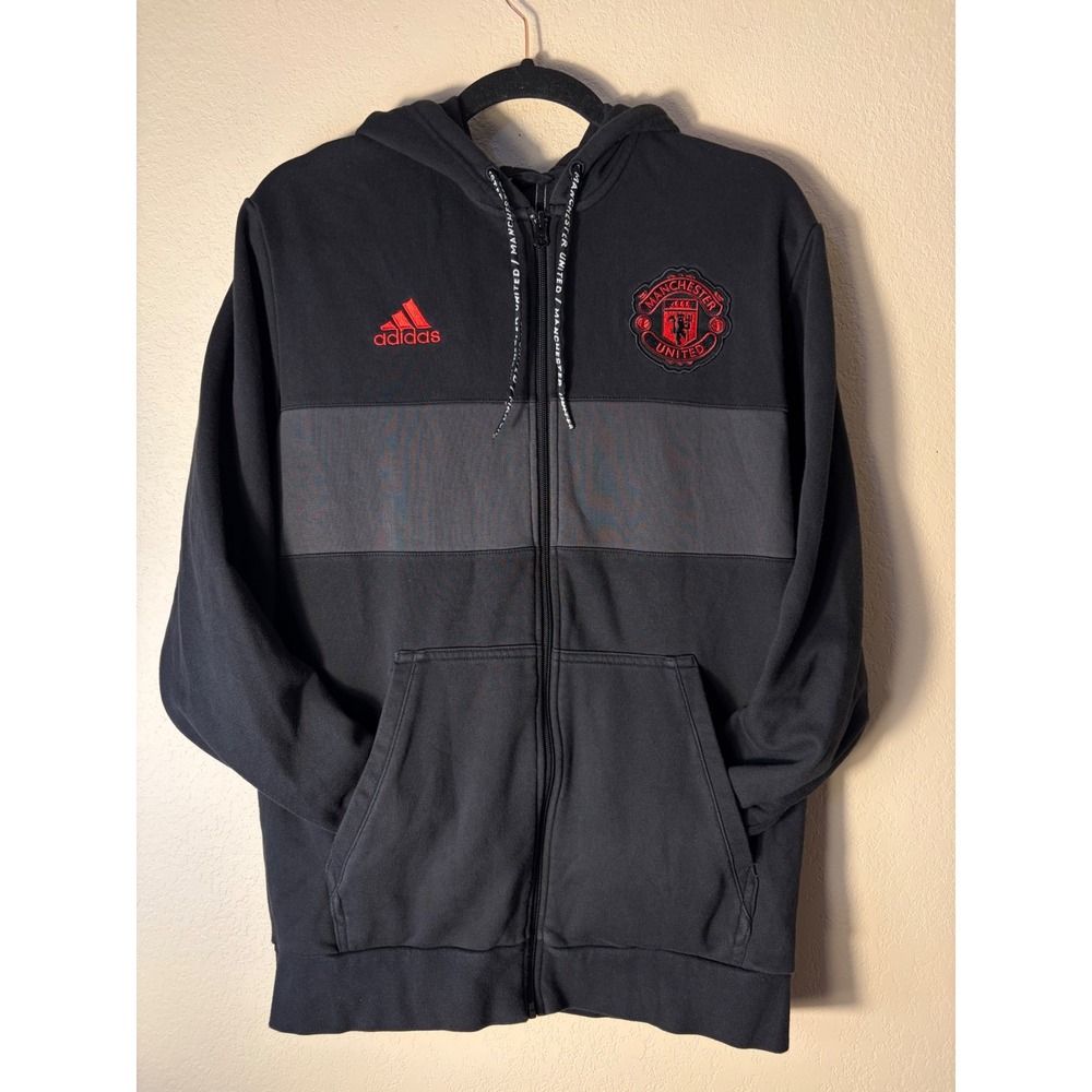 Adidas Manchester United Full Zip Hoodie Mens L Black Soccer Jacket Sweatshirt
